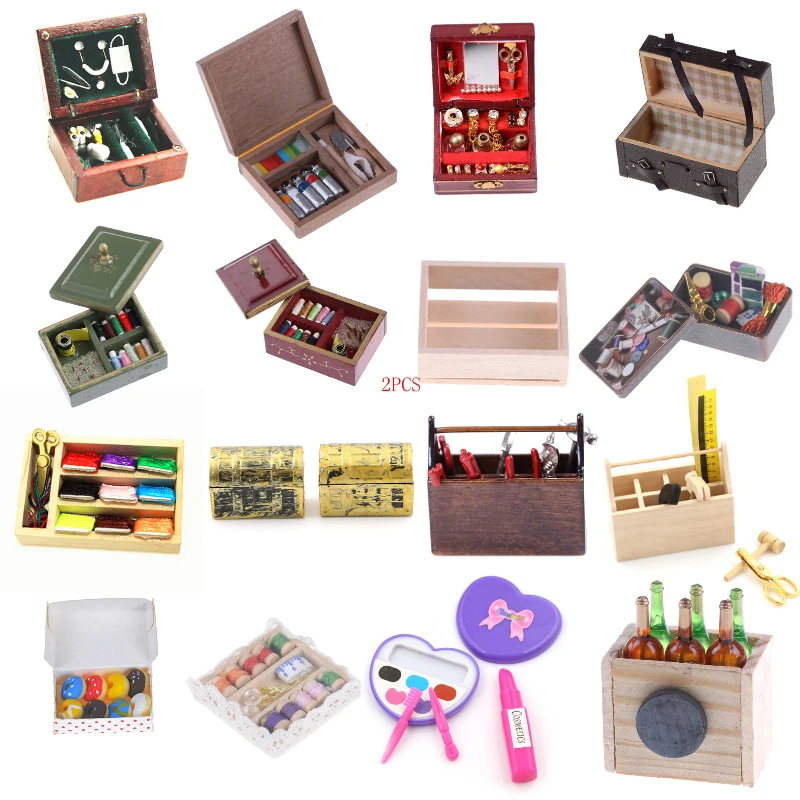 

1:12 Kitchen Wooden Box/Doughnut/Paint/Medical/Needle/Jewelry/Suitcase/Toolbox/Wine/Makeup/Sewing Miniature DIY Accessories