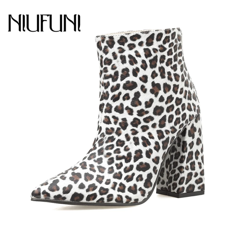 

Sexy Leopard Print Shallow Pointed Toe Women's Ankle Boots Back Zipper High Heels Martin Boots NIUFUNI 2019 Women's Shoes 35-40