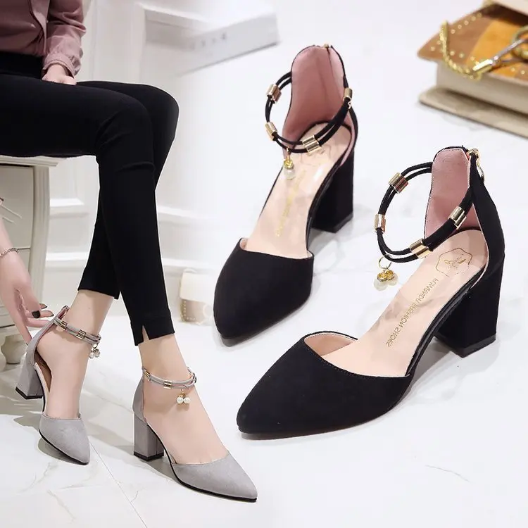 

2018 Spring And Summer New Style Chunky-Heel STUDENT'S Shoes Hallow Pointed-Toe WOMEN'S Shoes Versitile Fashion Office Work Sand