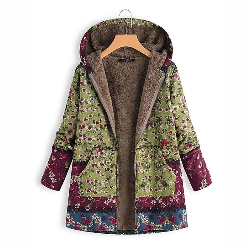 

Sovalro Floral Women Plush Coat Autumn And Winter Hooded Lapel Female Warm Jacket Hooded Plus Size Pocket Zipper Casaco Feminino