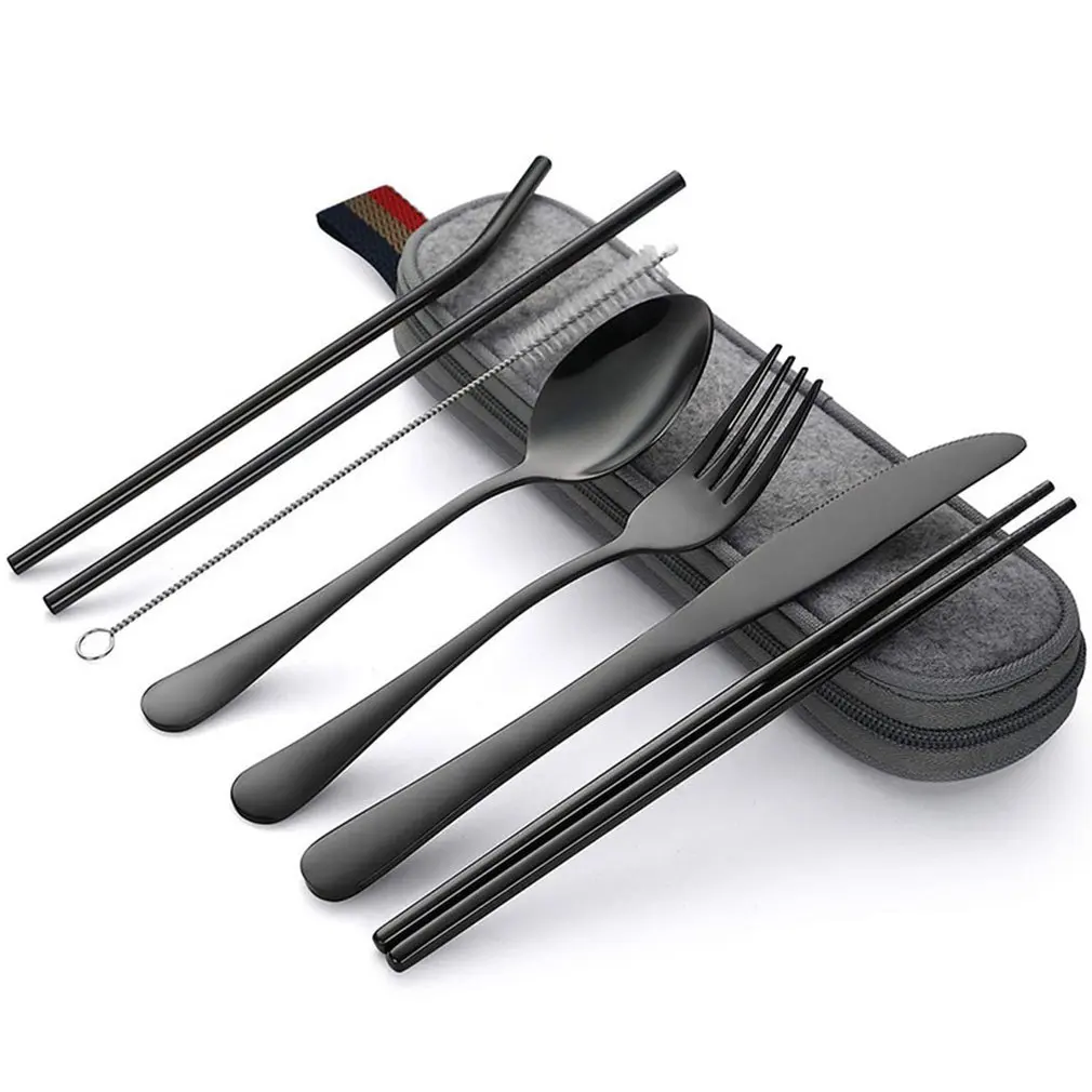 7pcs Stainless Steel Portable Cutlery Outdoor Travel Tableware Kit Lunch Portable Kitchen Tool Picnic Portable Dinnerware
