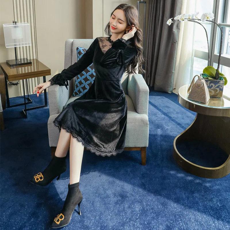

Dress 2019 Autumn And Winter New Style Debutante WOMEN'S Dress-Style Slim Fit Long Sleeve Base A- line Skirt