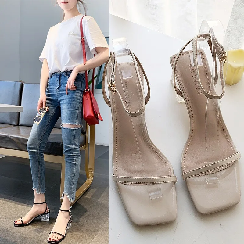 

Korean-style Summer Crystal Chunky-Heel A- line Strap Sandals Women's Square Head Semi-high Heeled Peep-Toe Fashion WOMEN'S Shoe