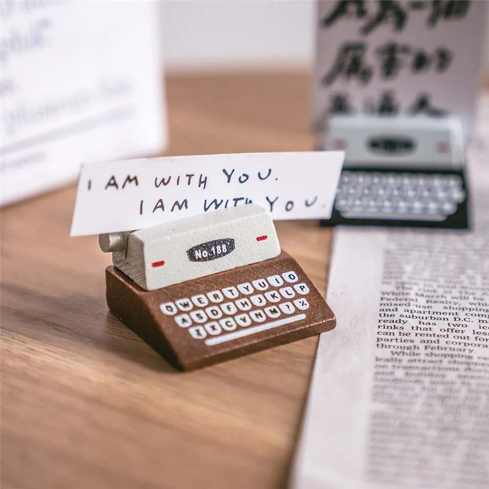 

1PC Vintage Wooden Typewriter Memo Holder Black Coffee Scrapbook Photo Stand Kawaii Stationery Card Note Holder Message Crafts