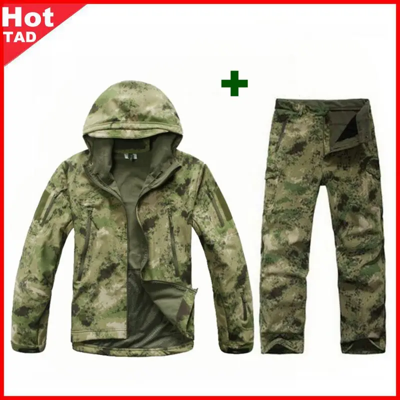 

TAD Tactical Men Army Hunting Hiking Fishing Explore Clothes Suit Camouflage Shark Skin Military Waterproof Hooded Jacket+Pants