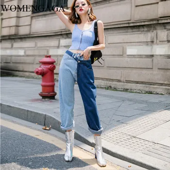 

Korea Spring and Summer Women Jeans Fashion Color block High Waist Jeans Streetwear Loose Personality Split Jeans WomenYJC1
