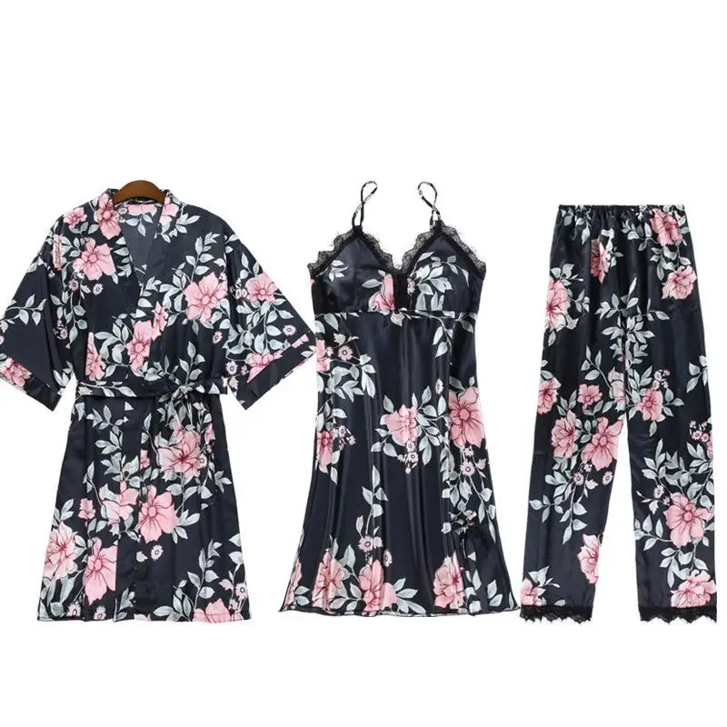 3PCS 1A Новинка, Женская атласная пижама, 5 шт., Весенняя Пижама с кружевной отделкой, пижамный комплект с цветочным принтом, одежда для сна, Повседневная Домашняя одежда, комплект нижнего белья, M-XXL - Цвет: 3PCS 1A