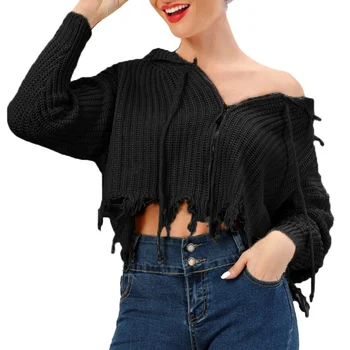 

Casual Solid Color Hooded Cardigans Autumn Knitted Sweater Clothing Female Fashion Tassel Cropped Jumpers 3Colors