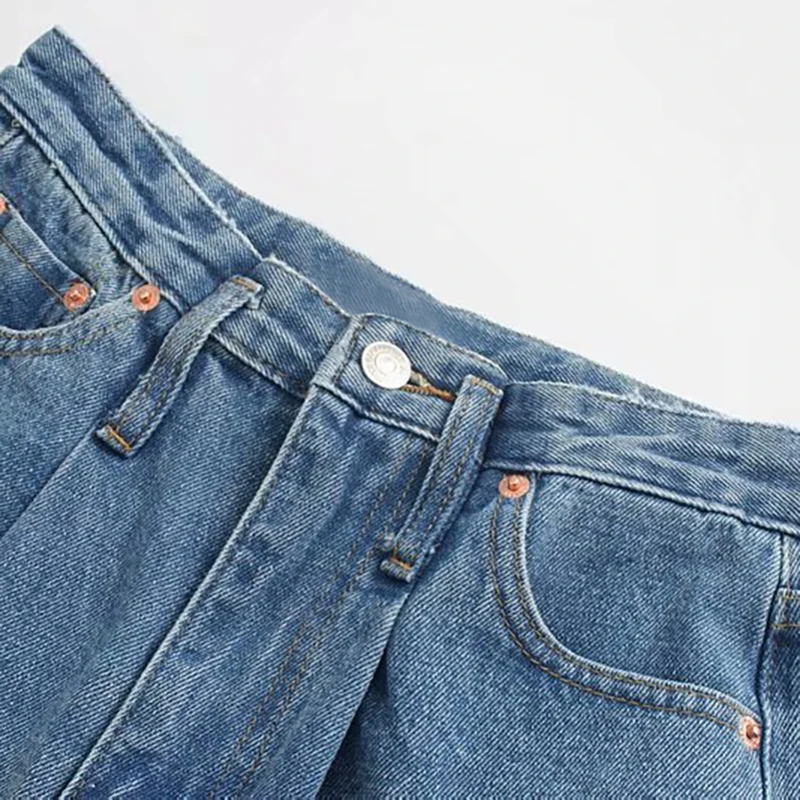 Женские свободные синие джинсы с высокой талией, широкие Длинные повседневные брюки, плиссированные мешковатые прямые женские базовые джинсы Damskie