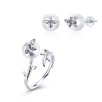 

bamoer GUS188 Authentic 925 Sterling Silver Jewelry Set Pearl Bee Insect Ring & Earrings Fine Jewelry Suit for Women Office OL