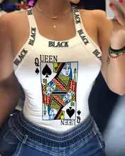 

HAOOHU Women Summer Open Back Black Queen Poker Lips Print Tank Tops Streetwear Tops