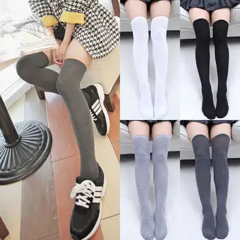 

Women Solid Color Soft Knitted Cotton Over Elastic The Knee Thigh High Stocking School Sport Style Summer Autumn Free Shipping