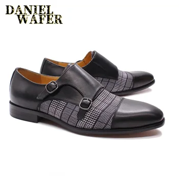 

Luxury Men's Loafers Patchwork Plaids Cloth Double Monk Strap Slip On Cap Toe Brown Black For Men Casual Dress Leather Shoes Men