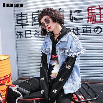 

Unua amo Hip-hop Sleeveless Jacket Female Fashion Loose Spring Jeans Waistcoat 2020 Streetwear Punk Rivet Denim Vest Women