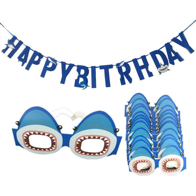 

Shark Birthday Party Decorations Shark Paper Glasses Mask Funny Prop Happy Birthday Banner Garland KIids Party Favors Supplies
