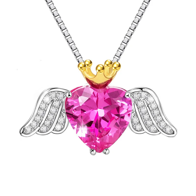 

XiaoJing 925 Sterling silver red zircon heart pendant chain gold color crown necklace with wing for Women Jewelry gift wholesale