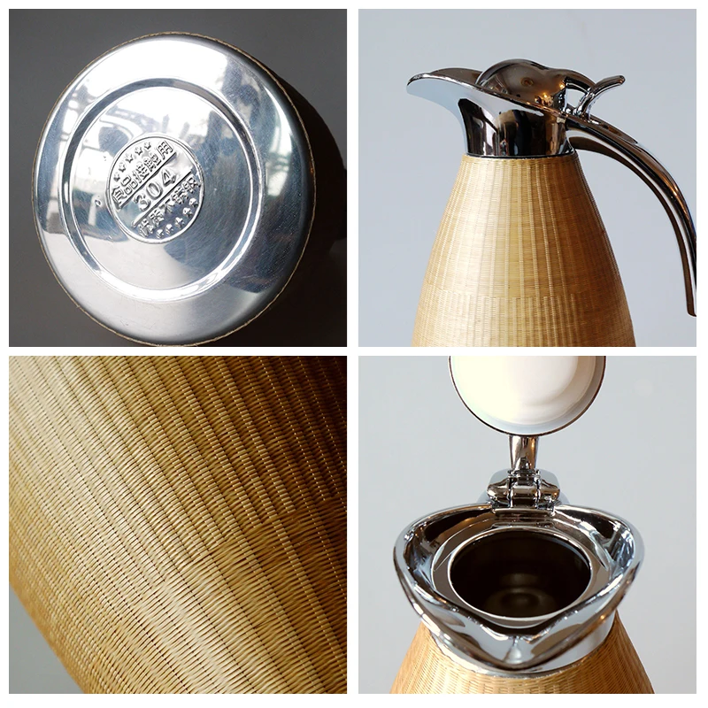 Stainless Steel Thermos Flat Bottom Water Bottle Tea Set Household Handmade Bamboo Weaving Large Capacity Thermal Kettle