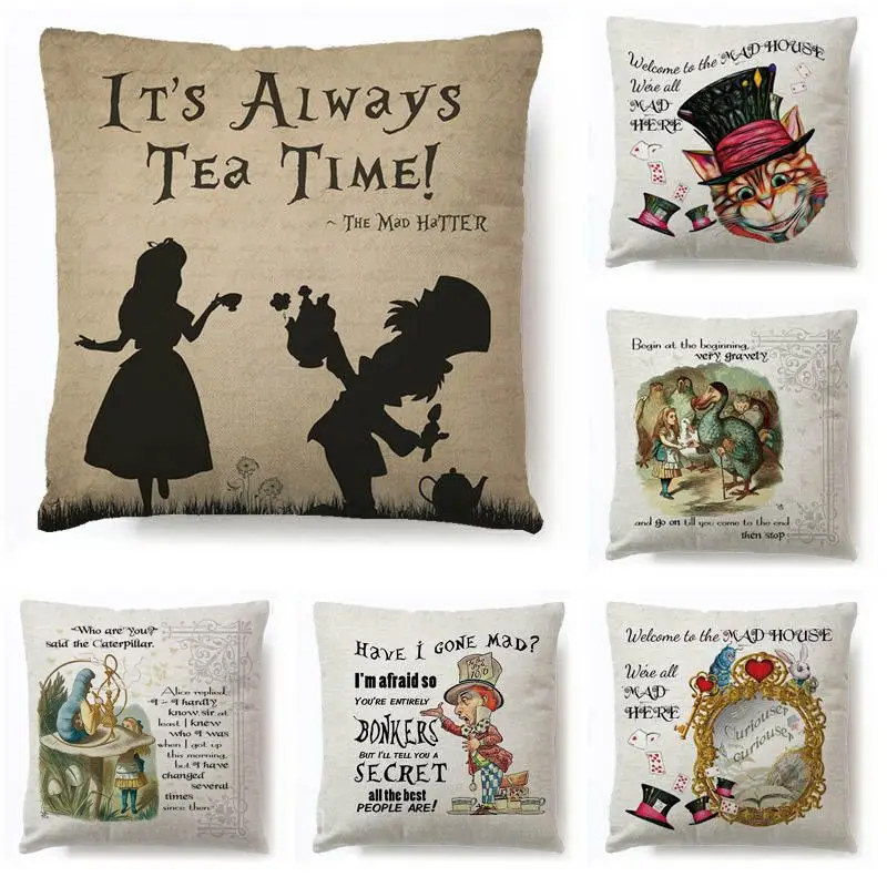 Alice in Wonderland Cartoon Pillow Case Cute Rabbit Cat Printed Throw Vintage Home Decorative Cotton Linen Cushion Cover | Дом и сад