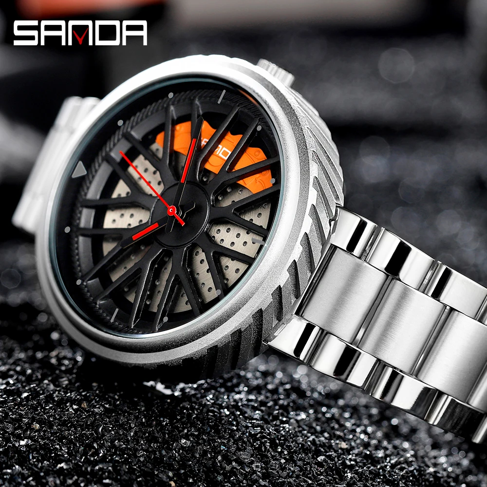 

SANDA2020 New Unique Men Watch Casual Personality Classic Fashion Men Quartz watch Luxury Racing Car Wheel Steel Stainless Clock