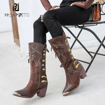 

Prova Perfetto High Quality Sheep Real Leather Short Boots Metal Decoration Pointed Toe Chunky Heel Women Chelsea Boots Zippers