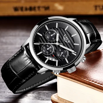 

LIGE 2020 Luxury Mens Watches Leather Strap Stopwatch Luminous Hands Calendar 30M Waterproof Men Wristwatch Quartz Male Watch