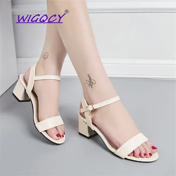 

Open toe Rhinestone Square heel Sandals women 2019 summer shoes woman Wild Concise Buckle Strap Soft Leather female shoes