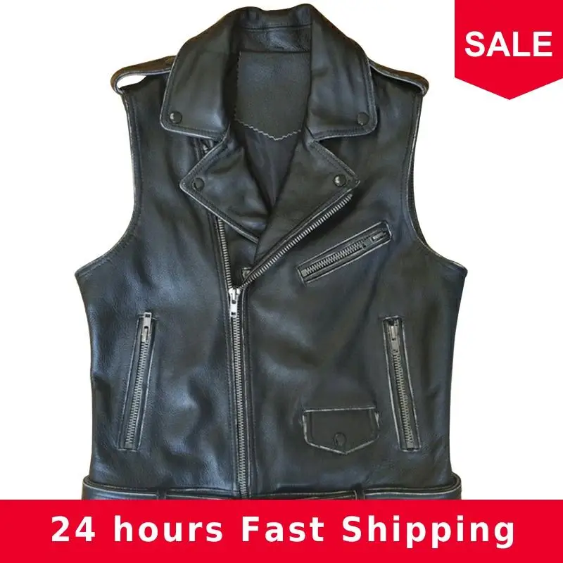 

2020 Vintage Black Men Slim Fit Motorcycle Leather Vest Plus Size XXXL Genuine Cowhide Russian Autumn Short Biker's Coat