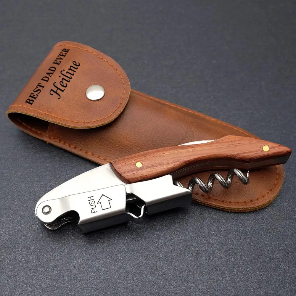 Personalized Corkscrew Wine Bottle Opener with Leather Sheath Wooden Handle Beer Gift For Dad | Дом и сад