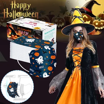 

50pcs Face Masks Disposable Unisex Christmas Halloween Printed Pumpkin Soft Masks For Adults 3-layer Mouth Masks Mascarillas