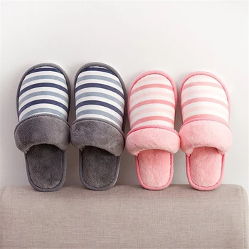 

JIANBUDAN Men and women winter soft home slippers Plush comfortable warm Indoor slippers Soft bottom Flock stripe cotton shoes