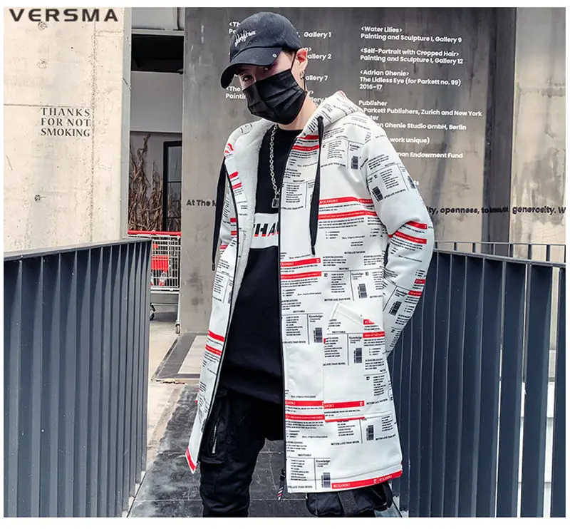 VERSMA корейский стиль одежда для мужчин граффити печатных длинное Мужское пальто хип хоп длинная куртка в готическом стиле Мужской плащ с капюшоном дропшиппинг