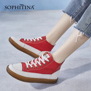 

SOPHITINA Shoes Women Fashion Leisure Real Leather Ladies High-Top Flats Mixed Colors Casual Lace Up Women Vulanize Shoes SO623