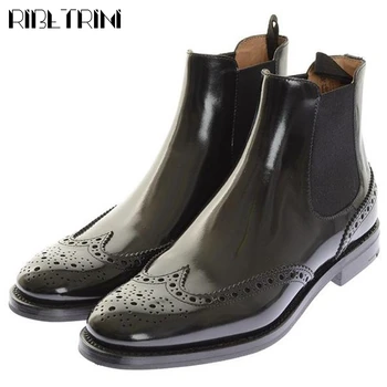 

RIBETRINI Brand New Chic Big Size 44 high-quality Design Genuine Leather Chelsea Ankle Booties Brogue Shoes Boots Women