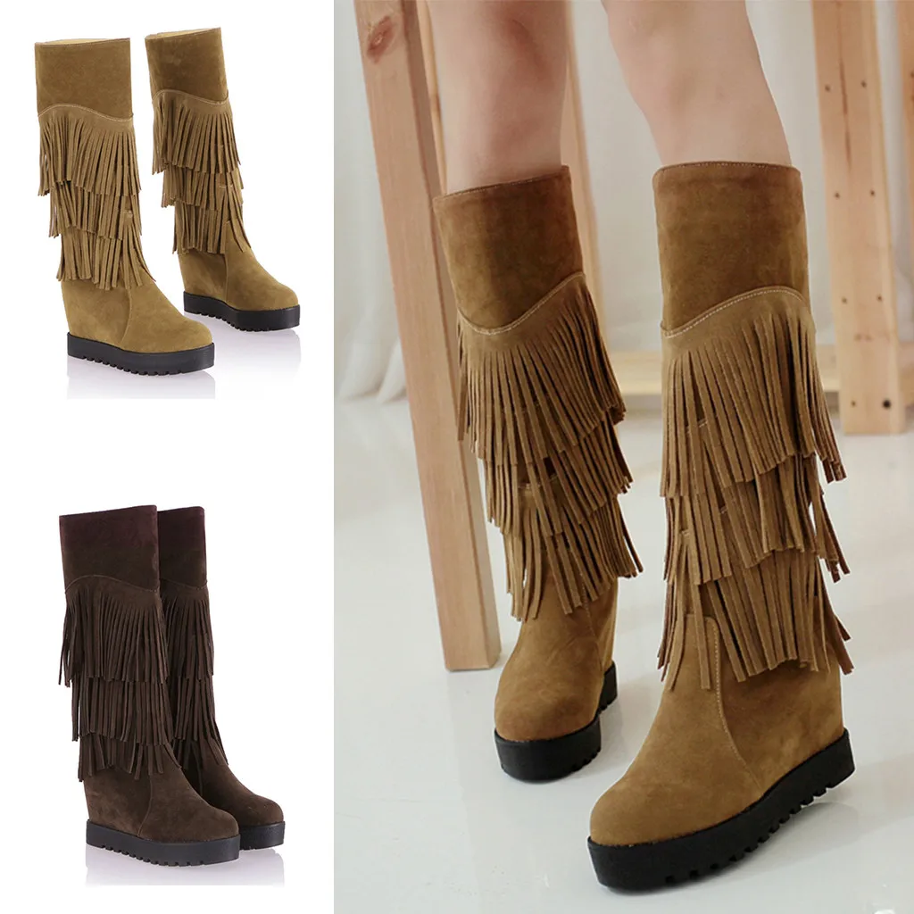 SAGACE Western Long Tassel Boots Women Winter Knee-High Boot Lady Vintage Rome Style Low Heel Shoes Suede Fringe Knight Botas