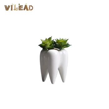 

VILEAD 6.8*9.9cm Tooth-shaped Ceramic Hydroponic Vase Mini Fake Flower Small Plant Non-porous White Flowerpot Home Decoration