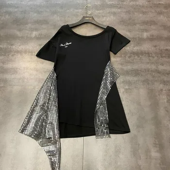 

Women Black Shirt 2020 Spring and Summer New Irregular Sequin Spliced Mid-length T-shirt Women's Short Sleeve Tees Loose Tops