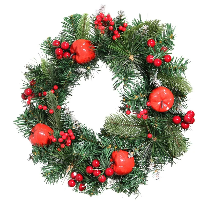 Hanging Garland Christmas Wreath With Red Apple And Berries Decorative For Front Door Wall Window Decor(With/Without LED