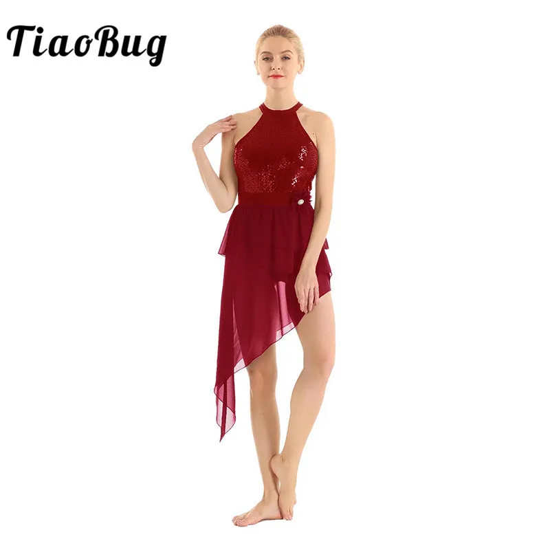 

TiaoBug Adult Sequins Halter Asymmetrical Chiffon Gymnastics Leotards for Women Ballet Dress Contemporary Lyrical Dance Costumes