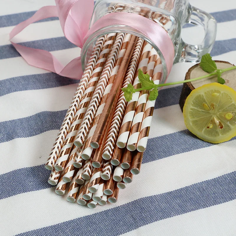 Straw 25pcs 8 шт., розовое золото, цветок, позолота, бумажная тарелка, одноразовая посуда, чашка, салфетка, соломинка, тарелка для торта, праздничные, свадебные, вечерние принадлежности - Цвет: Straw 25pcs