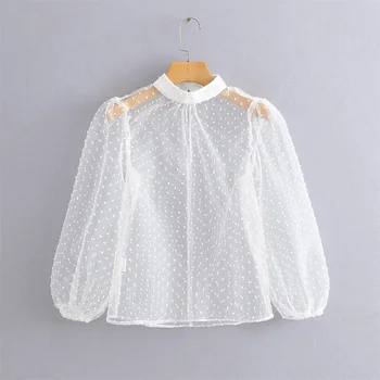 

Pu & be women's new round neck long sleeve perspective blouse in early spring 2020 wide sleeve design fine point Tulle shirt