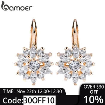 

BAMOER 3 Colors Luxury Gold Color Flower Stud Earrings with Zircon Stone Women Birthday Gift Bijouterie JIE014