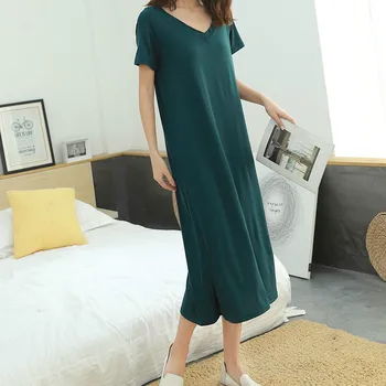 

Spring Summer Korean Dresses Thin Loose-Fit Modal Nightgown Women's Long Slit Dress Casual V-neck Plus Size Short Sleeve Dress