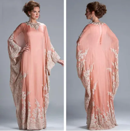 

Custom Made Hot Sale Floor Length Chiffon Coral Lace Appliqued Dubai Kaftan Evening Dresses with Long Sleeve JQ3309