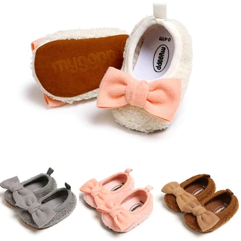 

2019 Winter Warm Baby Girl Princess Newborn Bow Slippers Step-in Round Toe Shoes Baby Fleece Shoe