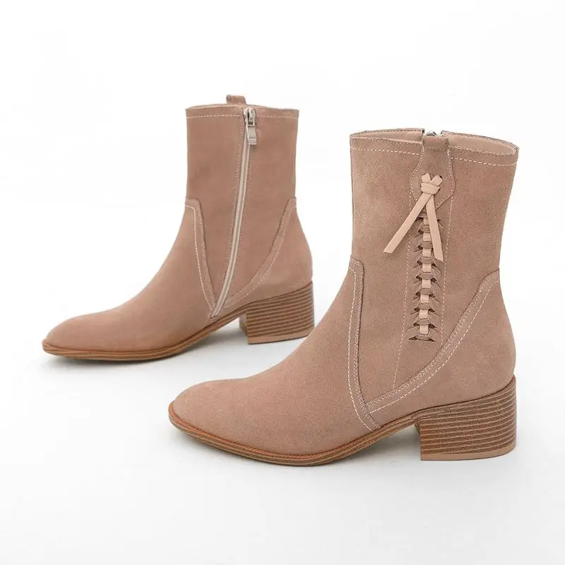 ALLBITEFO brand high heels genuine leather ankle boots for women thick heel winter/autumn leather boots women boots size:34-42