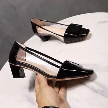 

Ladies Shoes Scarpe Donna Women Pumps Autumn Zapatos De Mujer Buckle Female Shoes Square Toe Buty Damskie PVC Chaussures Femme