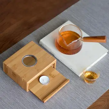 

1PC Tea Pot Bamboo Base Drawer Design Practical Bamboo Base Heating Base for Home Office Tea Party Without Candle 15x13.2x5.8cm