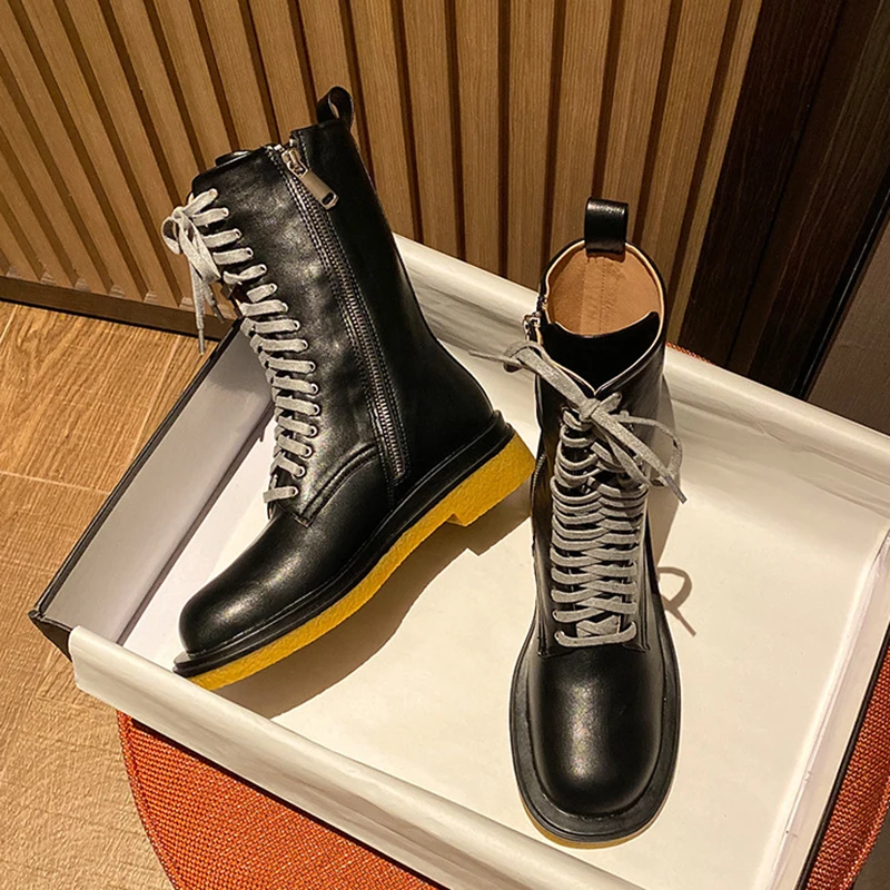 Black Boots Women's Shoes Rubber Sole Chunky Boots Female Women Shoes Woman Flat Boot Female Botine Femme 2020 Trend Heels Solid