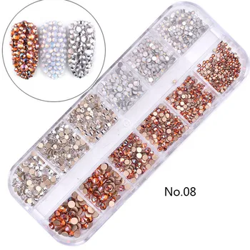 

12Grids Mixed Size Multicolored Nail Decoration AB Crystal Flatback Charms Ongles Glitter Rhinestones With Box For Manicure SS4
