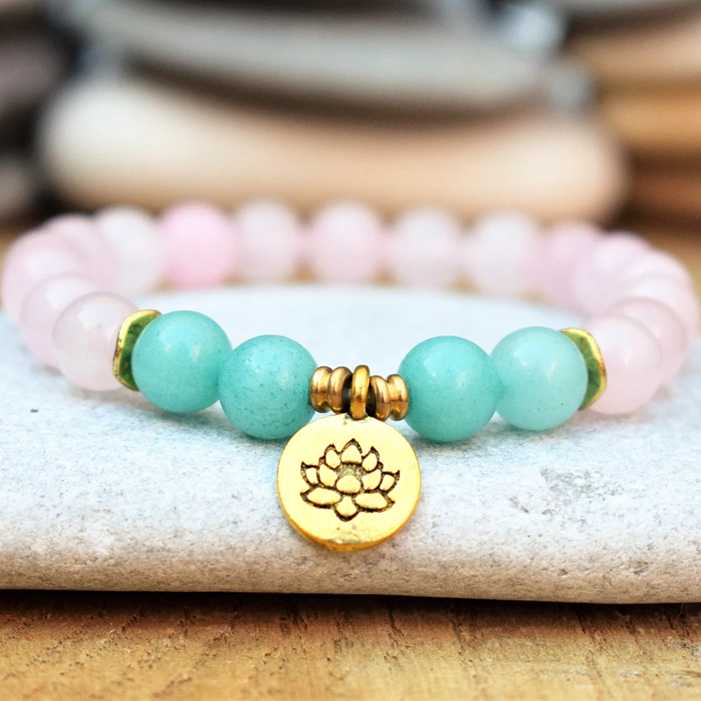 Дизайн, браслет Unakite Mala Lotus, браслет с амазонитом, браслет из розового кварца, высокое качество, браслет с драгоценными камнями и бусинами